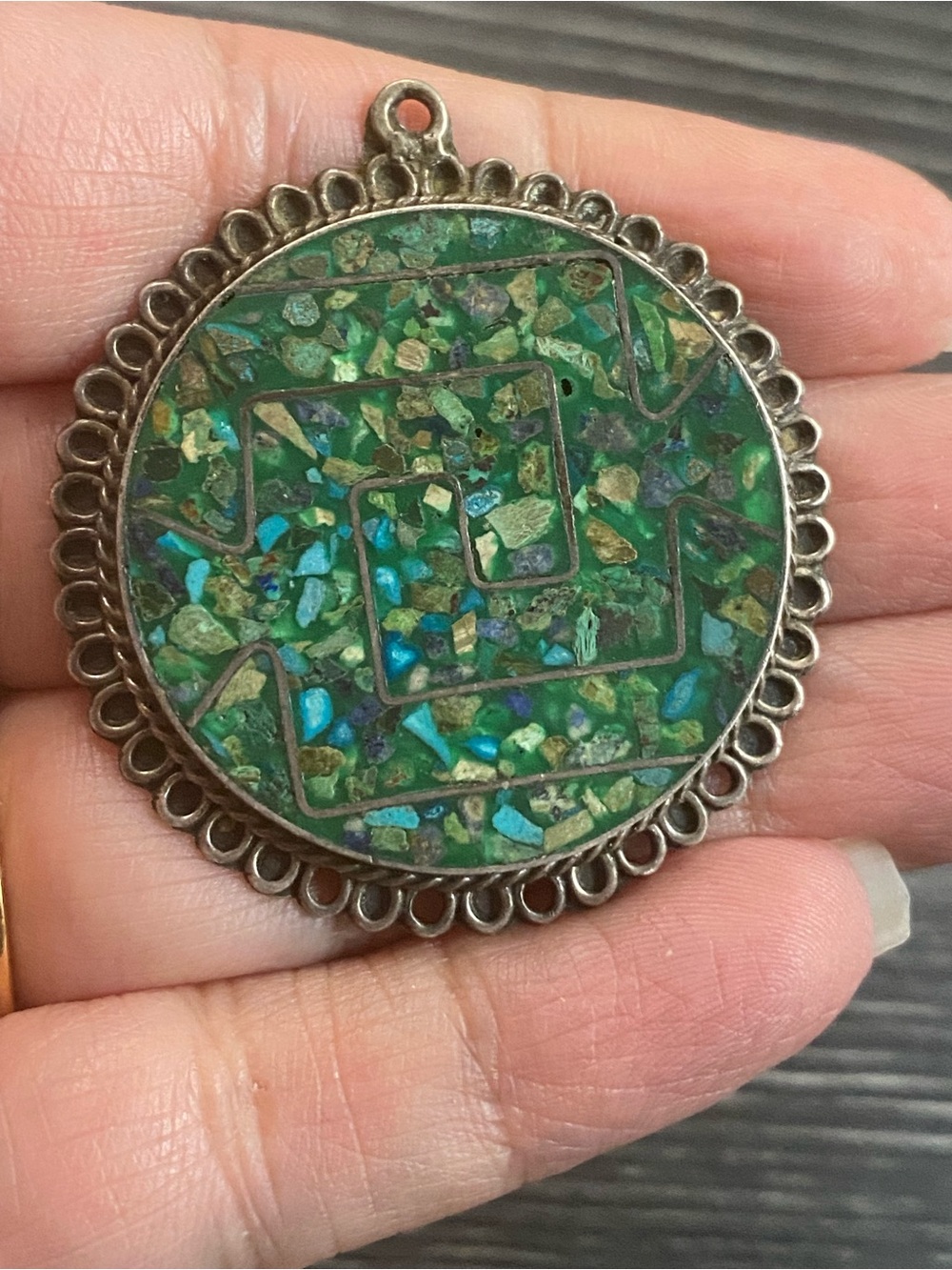 Green blue turquoise Round Pendant Necklace with Sterling silver Mexican